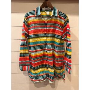 Anne Cole Signature Womens XL Multi Color Striped Cotton Voile Button Down Shirt